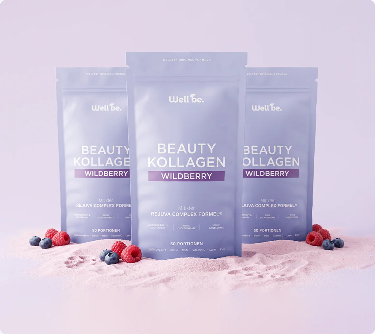 Drei Packungen wellbe Beauty Kollagen Wildberry mit Beeren
